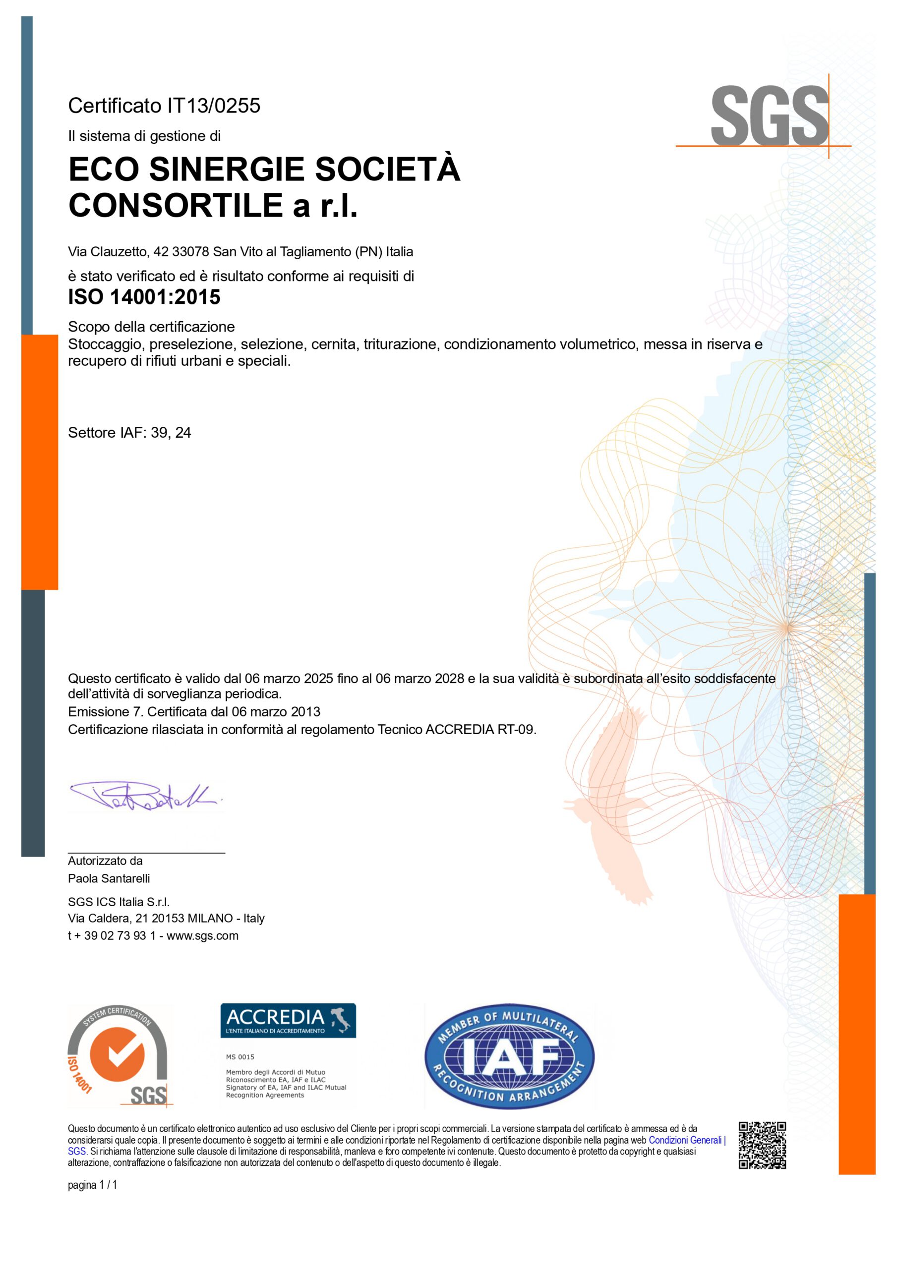 Certificato ISO 14001:2015