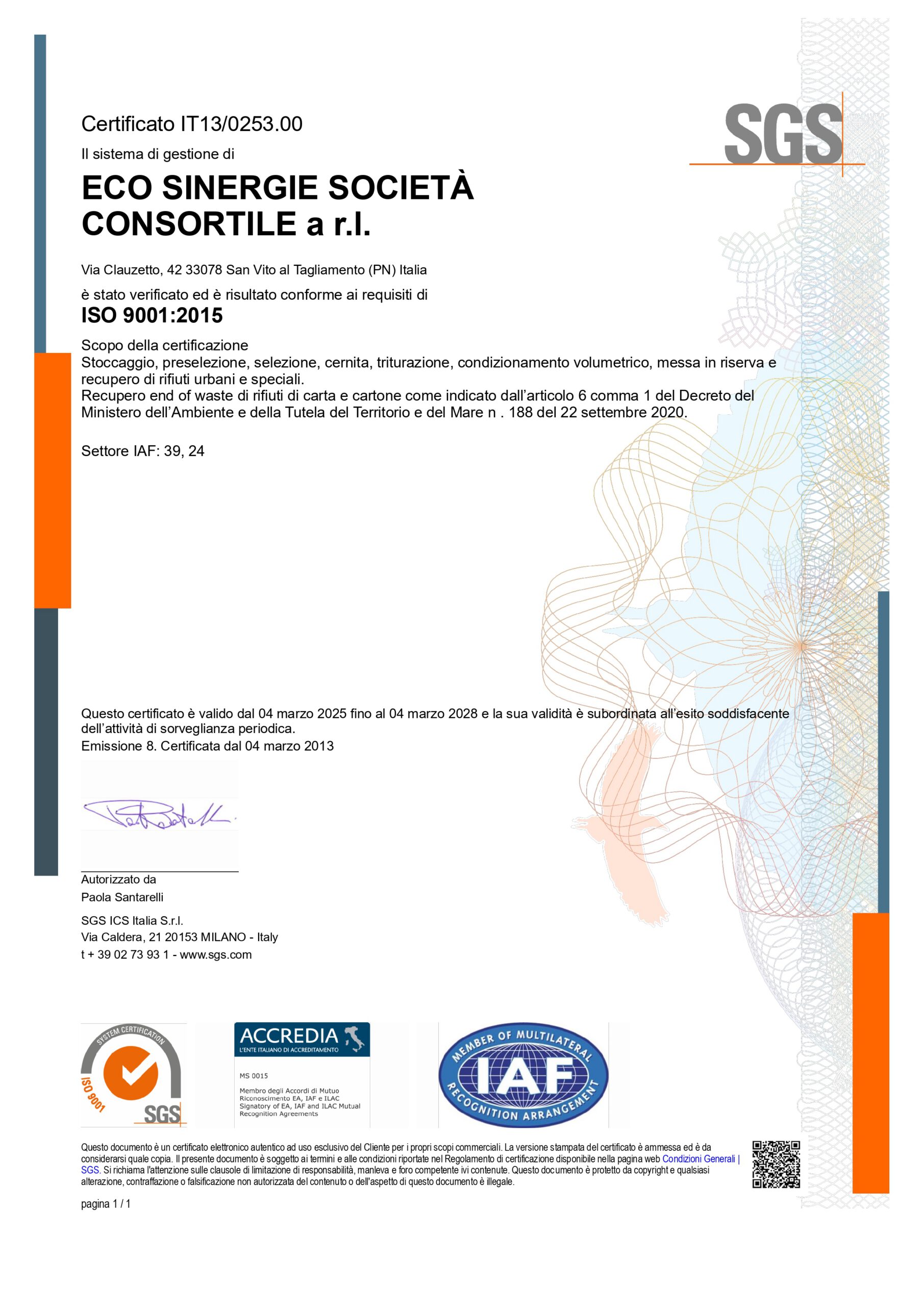 Certificato ISO 9001:2015