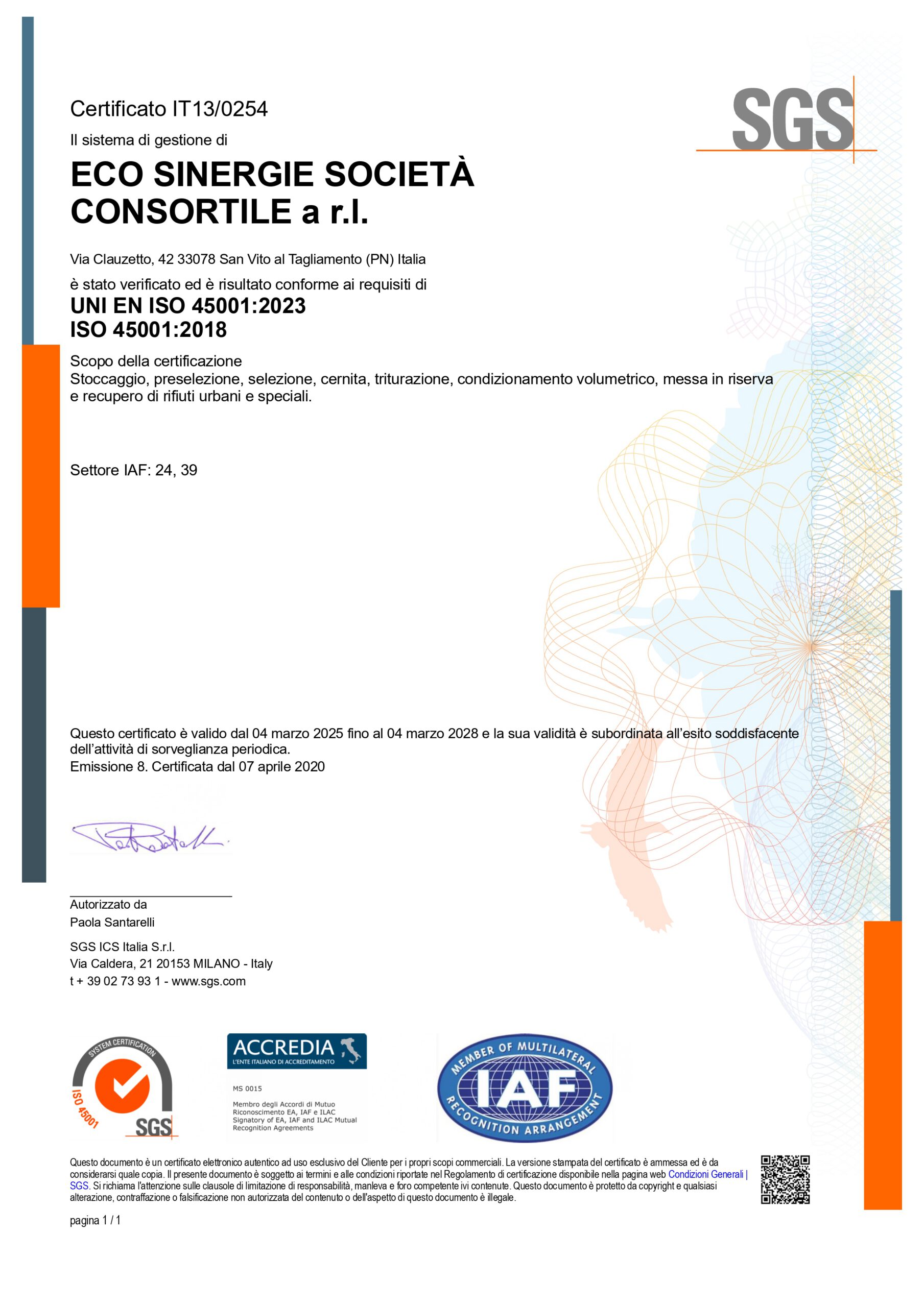 Certificato EN ISO 45001:2023 e ISO 45001:2018